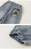 Patchwork Cartoon 2024 Spring Autumn Kids Jeans Casual Boys Girls Denim Pants Korean Toddler bär barnkläder för 110y 240124