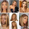 Perruques synthétiques Brésilien Bob Highlight Perruques 4/27 Couleur Droite Dentelle Courte Cheveux Humains Pour Les Femmes Noires Synthétique Avant Perruque Drop Deli Dhhxz