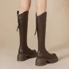 Botas 2024 sapatos femininos zíper feminino inverno redondo dedo do pé sólido joelho-alta plataforma à prova de água versão coreana alta