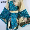 Kvinnors badkläder Winyi 2024 Africa Summer Print Women Cardigan Stitch Robe Cocktail Sexig Boho Loose Holiday Long Sleave Silk Kimono med