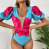 Women's Swimwear 2024 Sexy One Piece Swimsuit Puff Sleeves Print Floral Women Bathing Suit Beach Wear Backless Monokini Summer