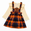 Flickklänningar Girlymax Halloween Thanksgiving Fall Baby Girls Orange Plaid kjolklänning Pumpkin Ruffles set ovanför knäbarnskläder