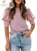 T-shirts pour femmes Mode Femmes Été Couleur Unie T-Shirts Patchwork Design Bouton Décor O-cou Manches Bouffantes Pulls Lâches Haut