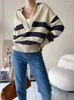 Pulls pour femmes Y2K Automne Hiver Pull tricoté en vrac Jumpers Femme 2024 Vintage Casual Polo Col V profond Pull rayé Femme