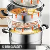 Other Cookware 28Cm Stainless Steel Food Steamer Set Glass Lid 5 Tier Kitchen Pan Drop Delivery Home Garden Dining Bar Dhu9T