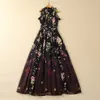 2024 Summer Black Floral Print Ruffle Chiffon Dress Sleeveless Stand Collar Paneled Long Maxi Casual Dresses S4J290125 Plus Size XXL