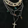 Pendant Necklaces Multi-layer Irregular Pearl Crystal Cross Necklace Choker Collores