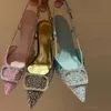 Sexig klänningskor designer sandaler 8 cm hög klack satin strass dekoration kvinnor mode ankel rem buckle wrap toe spetsiga fest bröllopssko slingbacks