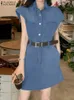 基本的なカジュアルドレスミニドレスファッションザンゼア原因貨物ラペルカラーサンドレス2024夏のウエストポケットローブビンテージの袖なしドレスYQ240201