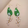 Boucles d'oreilles pendantes KKGEM or sur argent Sterling crochet boucle d'oreille 24x40mm vert Jade sculpté coquille de mer fleur blanc perle cluster