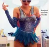 Scen Wear Full Diamond Blue Feather Bodysuit Gloves Sexig nattklubb Bar DJ Latin Pole Dancing Performance Costume för sångare Dancer