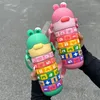 Botellas de agua 430 ml Taza termo de paja de acero inoxidable para niños con estuche Frasco de vacío a prueba de fugas de dibujos animados Botella térmica para niños Thermocup