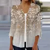 Blouses pour femmes 2024 Mode Femmes Chemise Col V Sexy Manches Trois-Quarts Patchwork Fleur Imprimer T Été Lâche Tee Tops