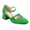 Sapatos de vestido Plus Size 34-47 Mulheres Verão Mary Janes Brilhante Rosa Verde Cor Fechada Toe Quadrado Chunky Salto Alto Sandálias