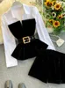 DEAT Spring Long Sleeve Patchwork Velvet Size Small Tops With Belt High Waist Shorts Two Piece Set Women MH334 240125