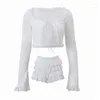 Kvinnors spårdräkter Combhasaki Kawaii Shorts Set Flare Long Sleeve Frills Front Split Tie-up Crop Top Layed Summer 2-Piece Outfit