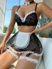 Ellolace empregada lingerie sexy roupas eróticas fantasia laço bowknot sutiã kit push up sheer malha saia ver através sissy íntimo 240127