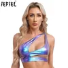 Women's Tanks Womens Cutout O-ring Bodycon Vest Tank Top Metallic Shiny One Shoulder Crop Sleeveless Disco Club Dancing Party Clubwear