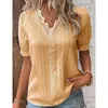 Women's Blouses Casual Blouse Summer Vacation Fashion Hollow Short Sleeve Shirt Lace Panel V-Neck Pullover Shirts Femme