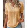 Blusas femininas blusa casual verão férias moda oco manga curta camisa de renda painel com decote em v pulôver camisas femme