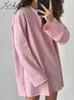 Kvinnors T-skjortor Miuukomiya långärmad överdimensionerad skjorta kvinnor bomull Vita mode toppar lösa topp tees rosa t-shirts