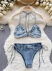 Soutien-gorge Ensembles Singreiny Femme Denim Sensuelle Sous-vêtements Costumes Halter Court Soutien-gorge À Lacets String Mode Sexy Bikini Érotique Porno Lingerie