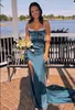 Ink Blue Rhineston Pärled Long Prom Dress Mermaid Formal Evening Party Gown High Slit pärlband