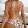 Costumi da bagno da donna 2024 Nuova stampa floreale Costume da bagno da donna con volant Reggicalze Backless Vita alta Bikini in 2 pezziCostume da bagno brasiliano da spiaggia Costumi da bagno J240131