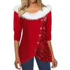 Women's Blouses Women Christmas Top Round Neck Button Sequin Decor Color Matching Thick Warm Pullover Long Sleeve Lady Fall Winter T-shirt