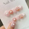 Handgjorda söt press på naglar korta rosa koreanska kawaii återanvändbara limning falska naglar charm design artifical nagelips manikyr konst 240129