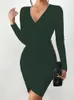 Casual Dresses Hip Dress for Women Autumn Winter Long Sleeve Bodycon Elegant Slim Office Lady Sexig V-ringning SLIT SKILT PACKAG