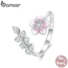 Cluster Rings Bamoer 925 Sterling Silver Pink Cherry Blossom Öppningsring Emaljblommor Justerbar för kvinnor Bavarinställning CZ Fina smycken