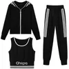 Kvinnors tvåbitar byxor Gym Sexig Tank Crop Tops 3 Set Letter Spliced ​​Sleeveless Vest Hooded Long Sleeve Zipper Coat Jogger Pant Tracksuit