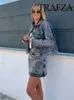 Tvådelad klänning Trafza Womens Leisure Street Långärmare av jacka+Hög midja Mini Ski Vintage Grey Rivet Washed Denim Set Trendy 2-Piece Set J240202
