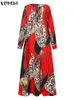 Robes décontractées VONDA Plus Taille 5XL Femmes Robe Vintage Bohème Robe 2024 Automne Sexy Col V Manches Longues Robe De Vacances Femme Imprimé