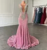 Long Prom Dresses Sexig sjöjungfru Spittly Pink paljett Black Girls Crystals Evening Formal Gala Party Gowns Robe de Soiree Vestido BC