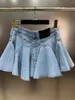 Saias prepomp 2024 primavera coleção babados retalhos estiramento azul curto denim saia mulheres gp326