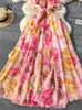 Casual Dresses SINGREINY Floral Chiffon Long Dress Summer Off Shoulder Lace-up Design Fashion Slim A-Line Women Bohemia Holiday Beach