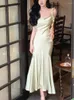 Casual Dresses 2024 Summer Elegant Satin Strap Midi Dress Women Vintage Even Party Pure Color One Piece Korean Fashion Chic