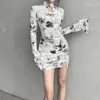 Повседневные платья Готический Темный воротник-стойка в китайском стиле Cheongsam Готический бархатный элегантный вечерний мини Y2k Женский облегающий наряд с принтом