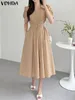 Sukienki swobodne Vonda Elegancka sukienka biurowa 2024 Kobiety Lapel Short Puff Sleeve Długie koszula Sundress moda solidna plisowana szlafrok