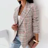 Blazer xadrez jaqueta feminina primavera outono manga longa casual fino blazers cáqui mulher casacos outono elegante terno de escritório casaco 240201