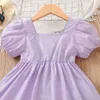 Платья для девочек, детское повседневное платье для девочек, лето 2023, новинка фиолетового платья принцессы с короткими рукавами и бантом спереди для малышей, детская одежда, От 1 до 8 лет