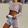 Sarongs Fish Net Bikini Cover-ups Summer Sexy See-through Two Pieces Beach Wear Women Short Suits260U