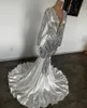 Sliver Mermaid Prom Dresses 2024 V Neck Sequin Appliques Party Gown with Long Sleeve See Thr Skirt Reception Dress for Women