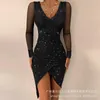 Vestidos casuais manga comprida decote em v cintura alta bodycon y2k renda retalhos fenda vestido apertado mulheres cor sólida bainha preta midi