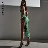 Werkjurken BoozRey Sexy Backless Satijnen Midi-jurk Vrouwen Spaghettibandjes Kanten Split Party Club Avond Bodycon Slip Lange 2024 Zomer