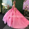 Prinsessan Rose Pink Quinceanera klänningar från axlarna Blomma blommor bollklänning söt 15 sexton födelsedagsfest klänning charro bow vestidos de xv debutante mexican 2024