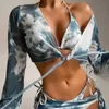 Costumi da bagno da donna 2024 Stampa tie-dye Costume da bagno a 4 pezzi Donna Sexy Mesh Cover Up Manica lunga Bikini Fasciatura Nodo Costume da bagno Perizoma Gonna Costumi da bagno J240131