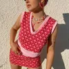 Kjolar 2024 Summer V Neck Crop Top Women Pink Plaid Y2K ärmlös Vintage Sexig off axel Casual Knit Tank Topps Rödblå tryck